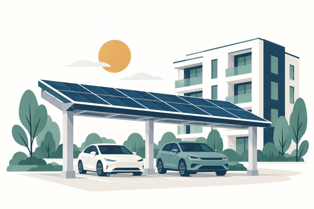 Dois veículos sob uma cobertura de garagem com painéis solares, em frente a um condomínio.