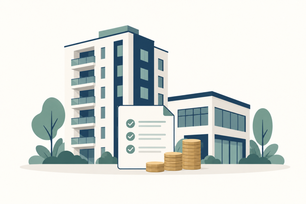 Ilustração de condomínio residencial e comercial com documento de planejamento e moedas.