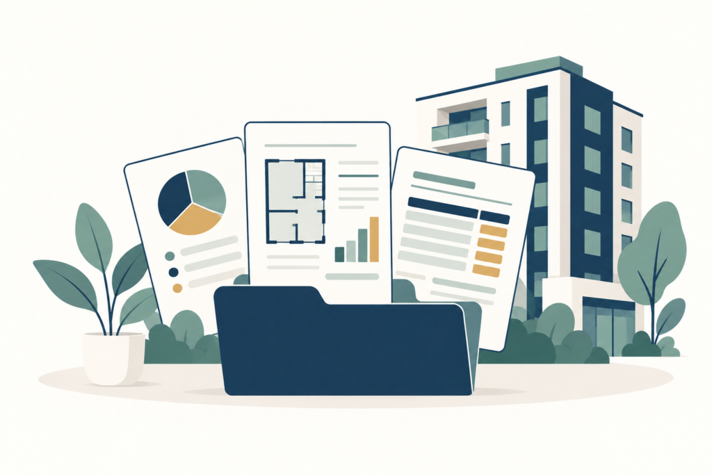 Pasta com demonstrativos financeiros e documentos de projeto diante de um edifício residencial.