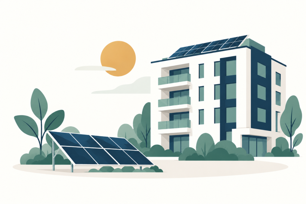 Condomínio com painéis solares no telhado e uma pequena estrutura fotovoltaica em primeiro plano.