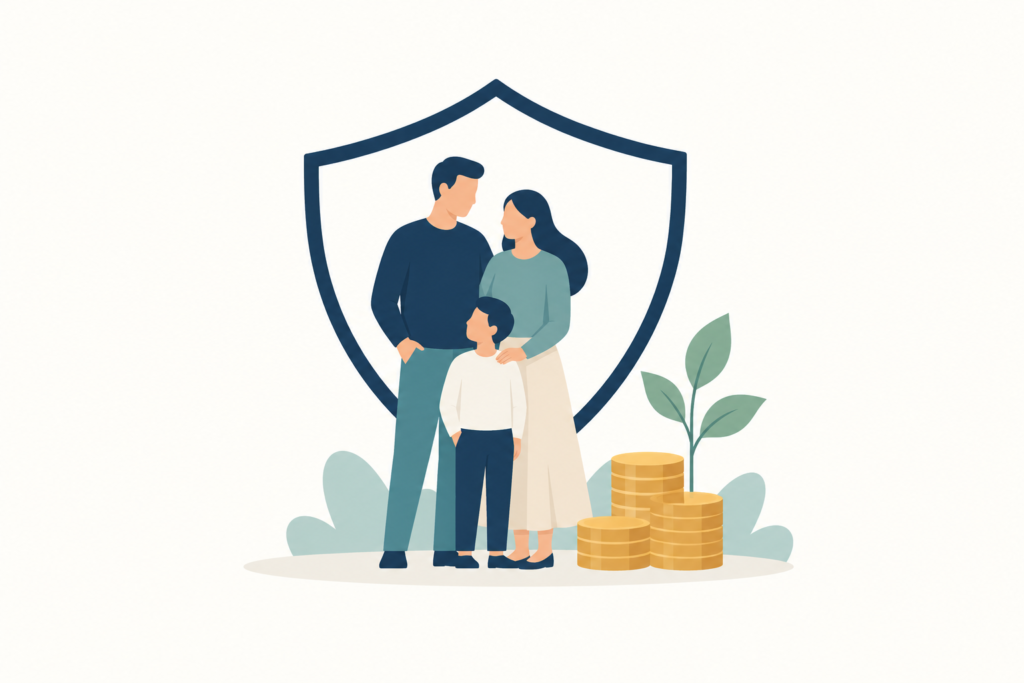 Família dentro de um escudo, ao lado de moedas e uma planta, representando proteção financeira dos beneficiários.