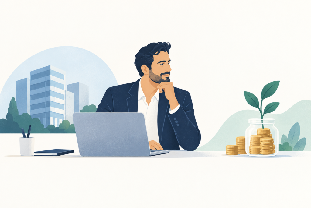Empresário diante de um notebook, com moedas e uma planta representando a reserva pessoal para aposentadoria.