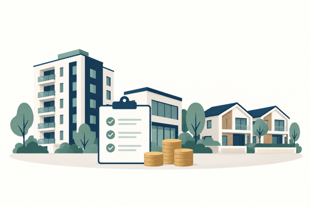 Ilustração de prédio residencial, edifício comercial e casas com uma lista de verificação de requisitos.